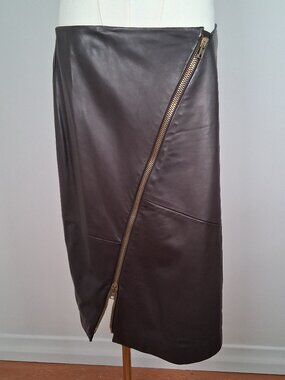 Donna Karan Signature Lambskin Leather Sculptural Zip Moto Skirt size US 10